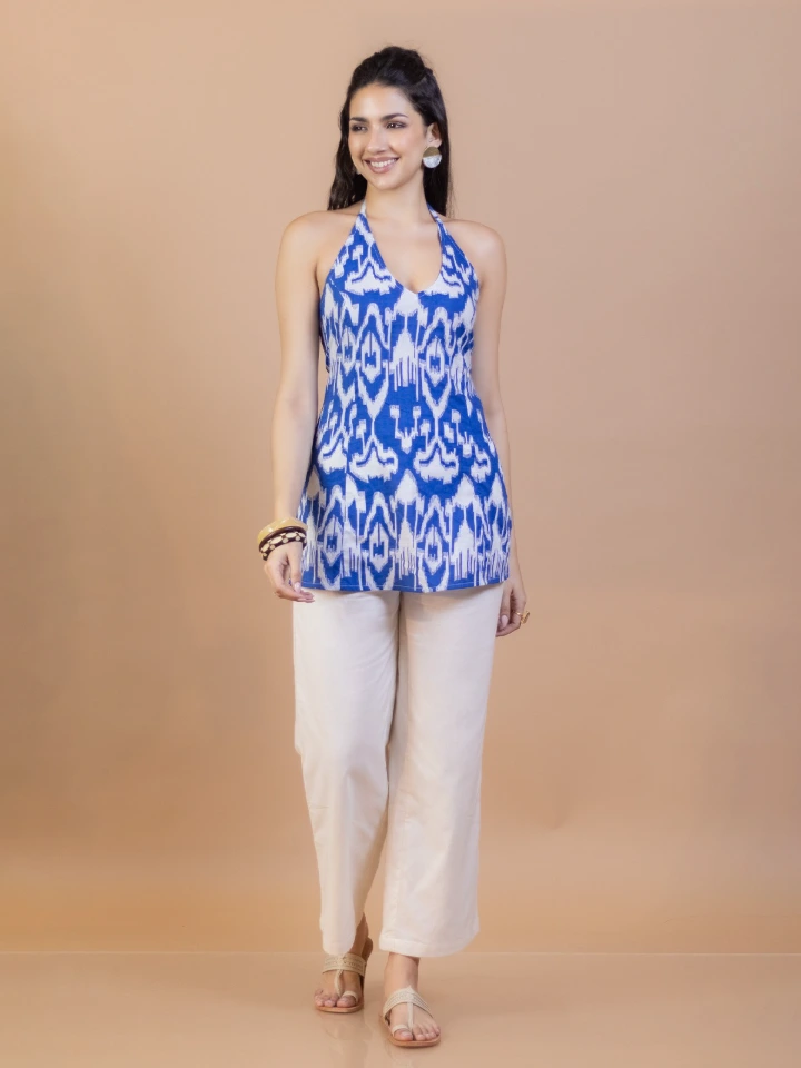 Blue Ikat Cotton Halter Neck Kurti