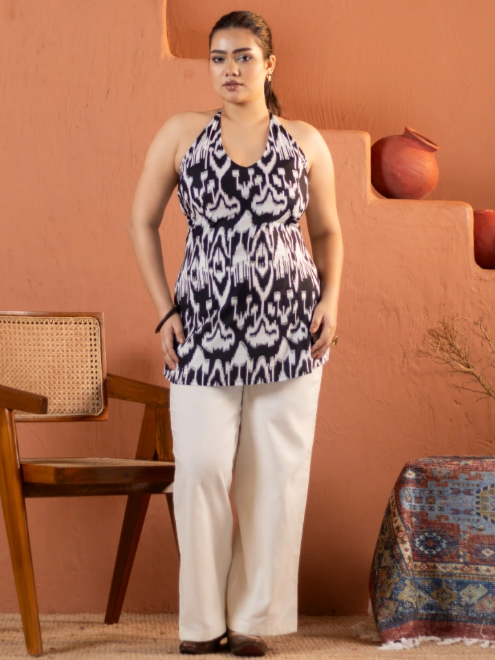 Black Ikat Cotton Halter Neck Kurti