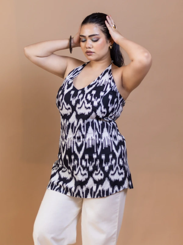 Black Ikat Cotton Halter Neck Kurti 1