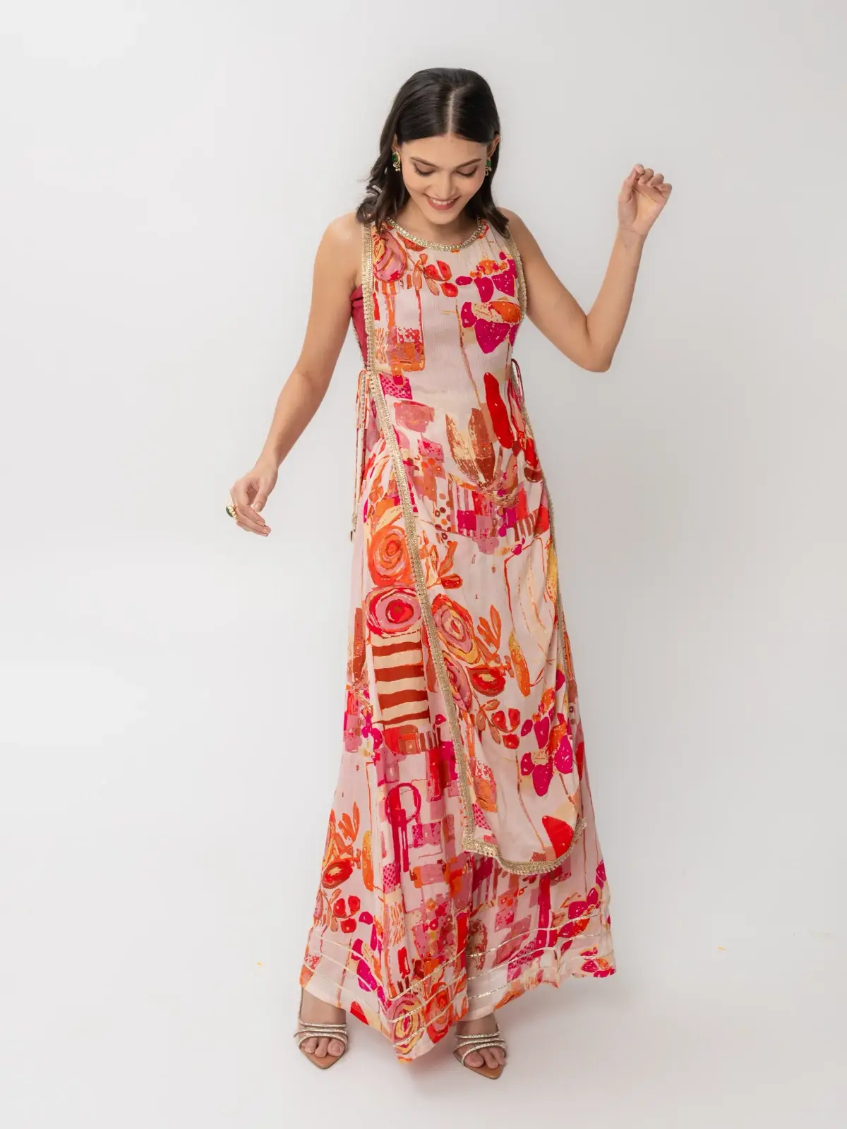 Pink 3-Piece Coord Set With Kurti, Crop Top & Flared Pants 13