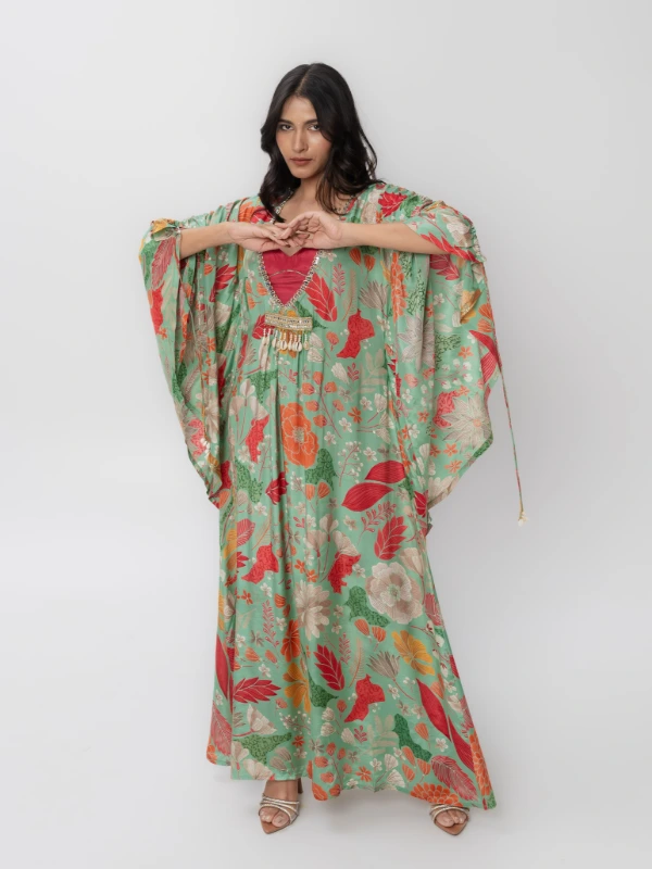 Green Floral Print Kaftan Maxi Dress With Blouse 5