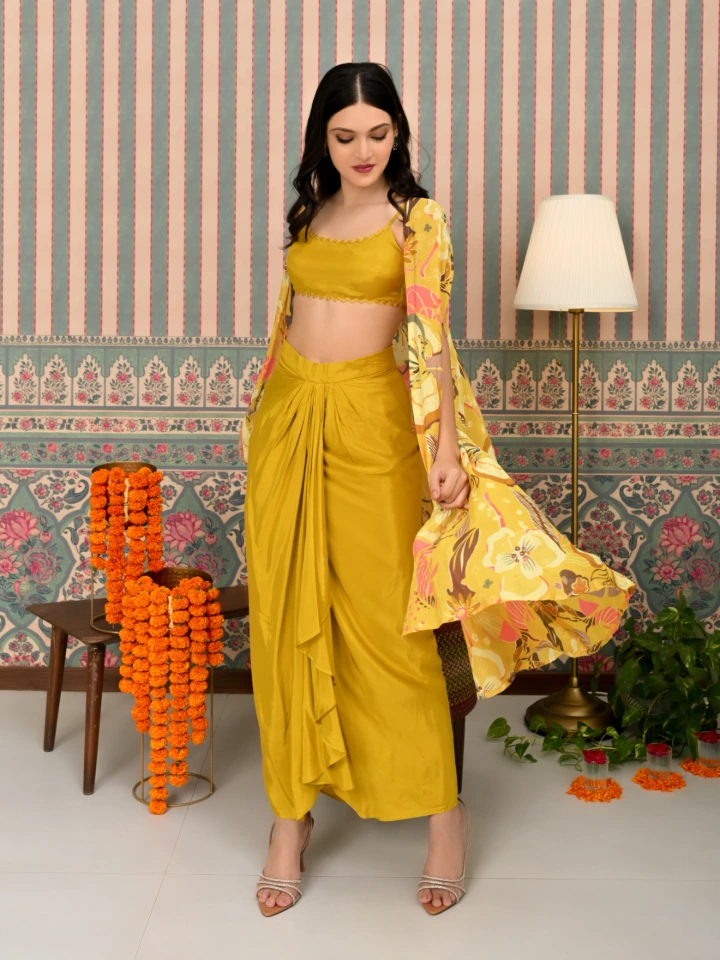 Yellow 3-Piece Ethnic Co-ord Set with Shrug Crop Top and Dhoti Skirt