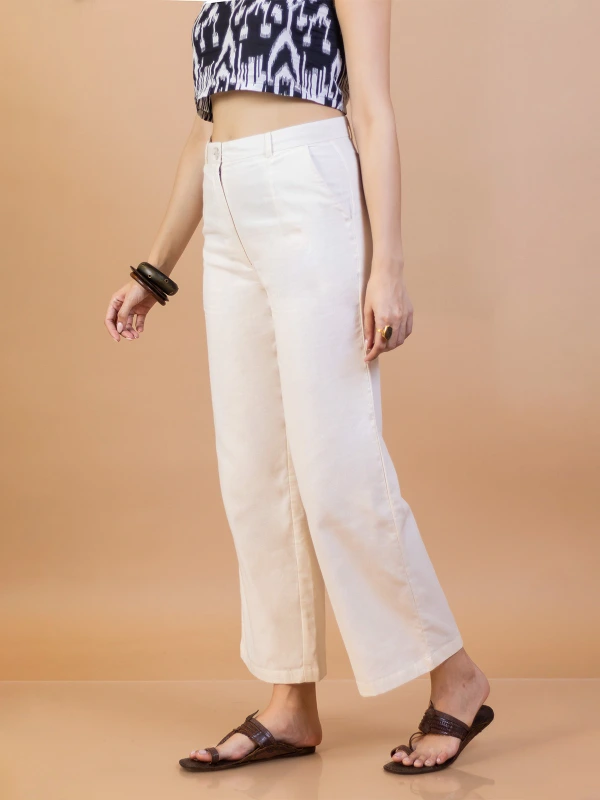 Off White Cotton Straight Fit Pants 5