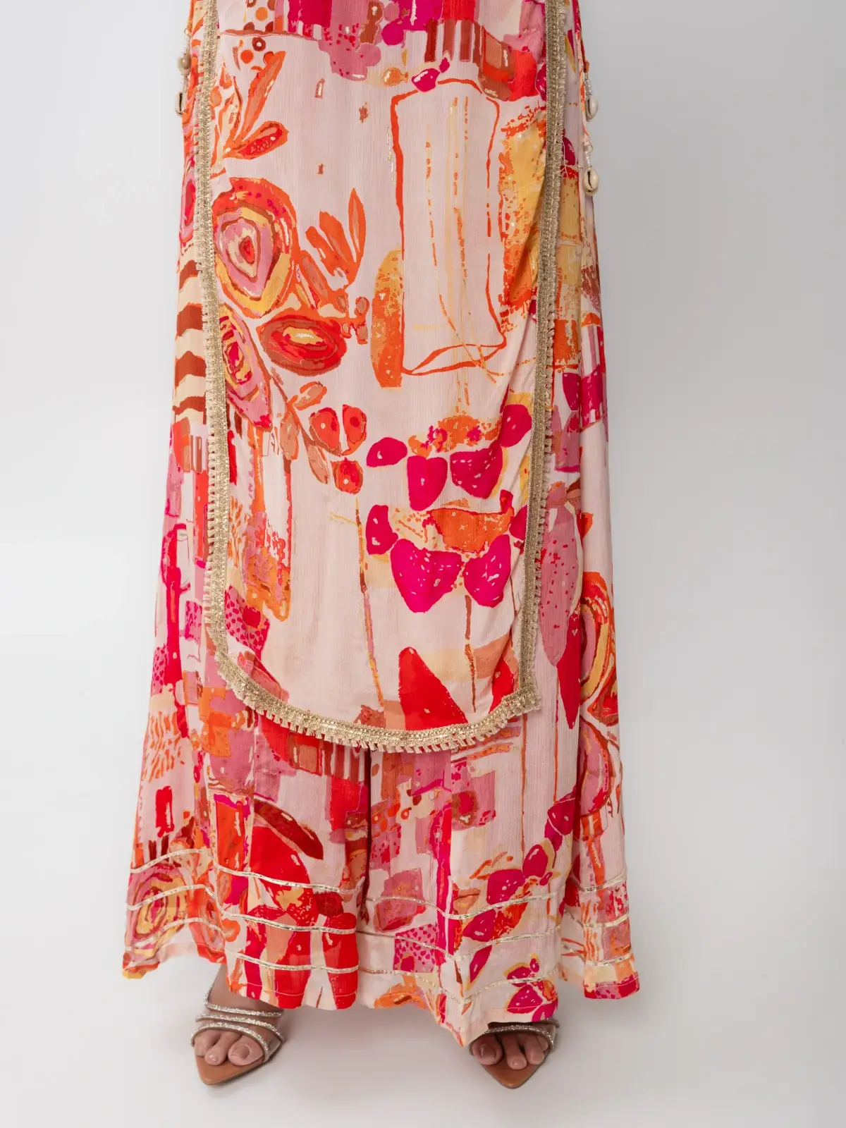 Pink 3-Piece Coord Set With Kurti, Crop Top & Flared Pants 14