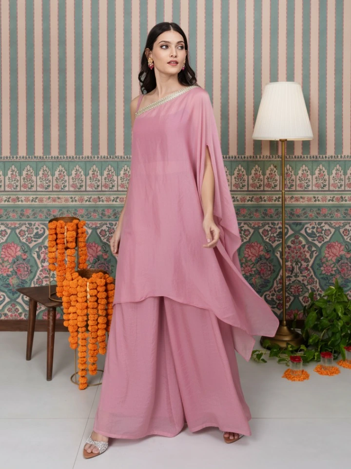 Pink 3-Piece Co-Ord Set With Cape Kaftan, Cami Top & Flared Pants