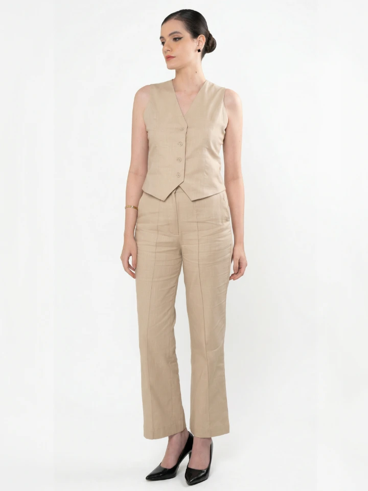Beige Linen-Blend Waistcoat Coord Set For Formal Wear