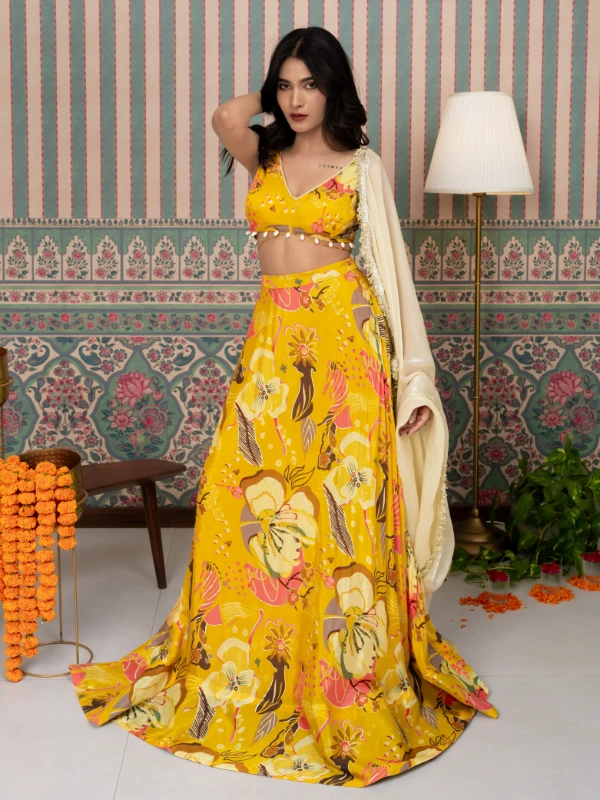 Yellow Floral Printed Lehenga With Dupatta For Festive Wear 6