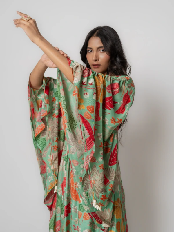 Green Floral Printed Kaftan Dress With Blouse 1