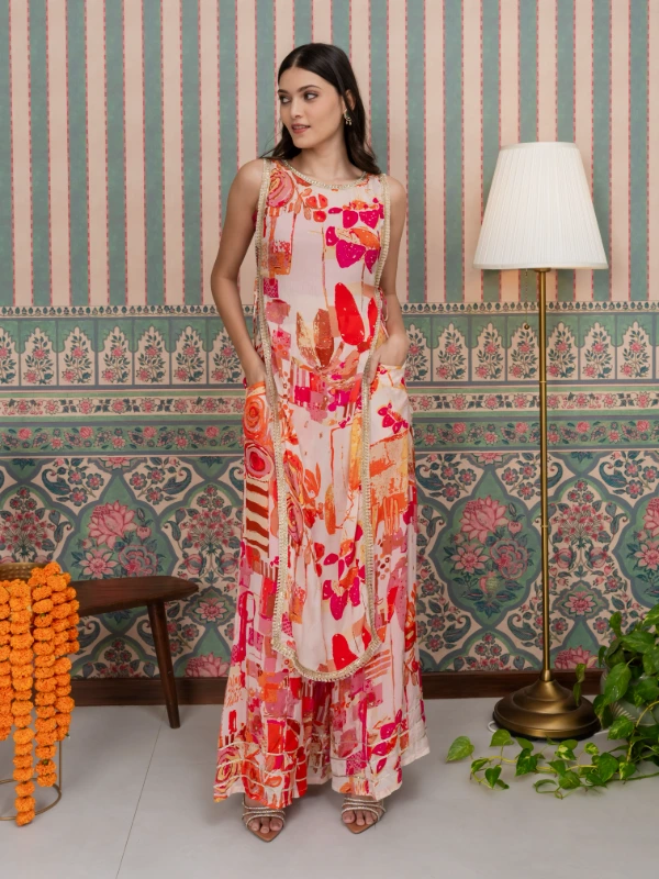 Pink 3-Piece Coord Set With Kurti, Crop Top & Flared Pants 5