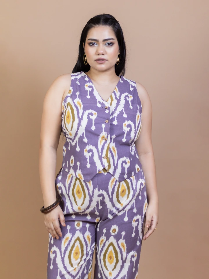 Purple Ikat Waistcoat Pant Cotton Co-Ord Set