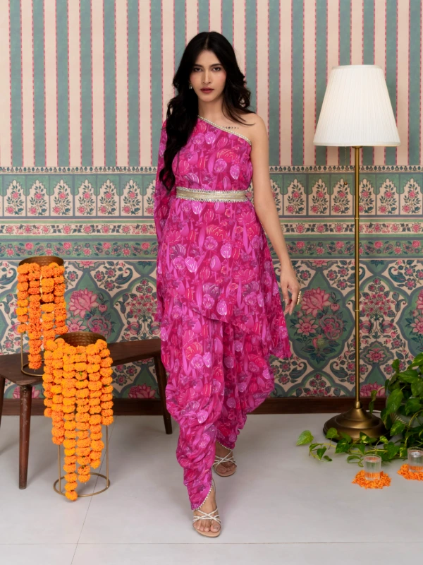 Pink Asymmetric Kurta With Dhoti Pants 5