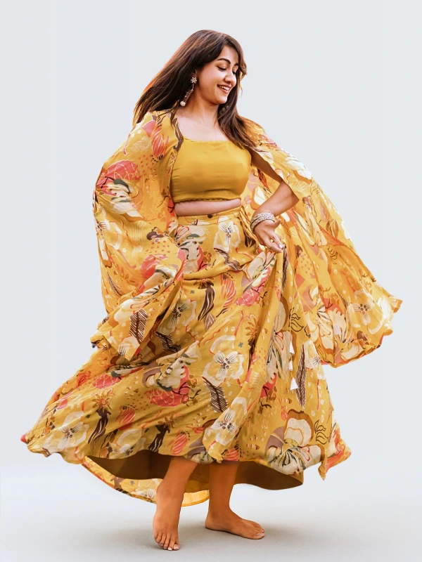 Yellow Floral Lehenga With Shrug 1