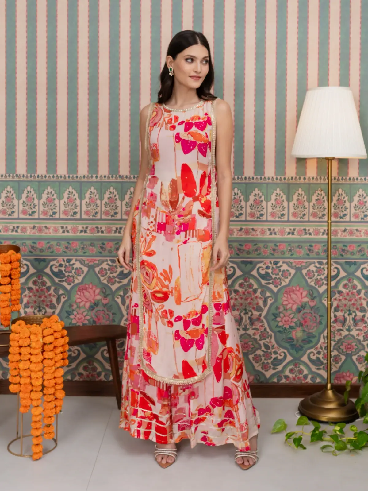 Pink 3-Piece Coord Set With Kurti, Crop Top & Flared Pants 10