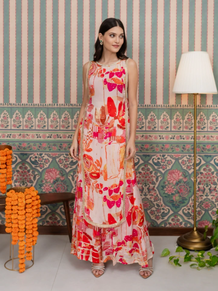 Pink 3-Piece Ethnic Co-ord Set with Kurti Crop Top and Flared Pants