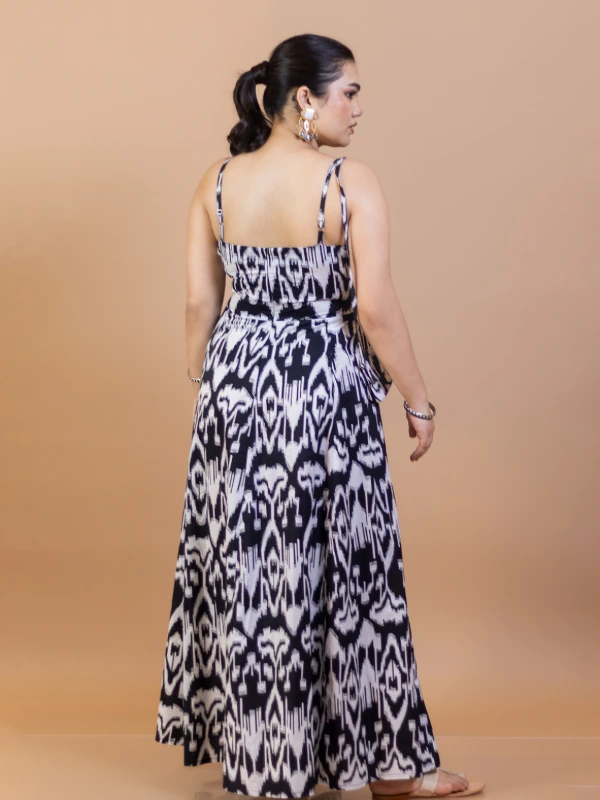 Black Ikat Cotton Fit and Flare Maxi Dress 6