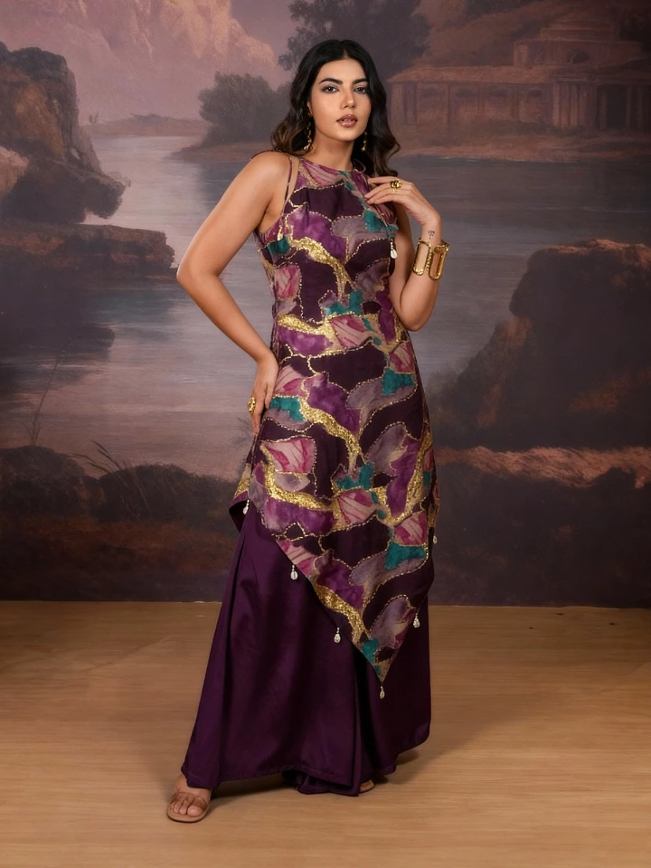 Purple Halter Neck Kurta Set With Foil Print