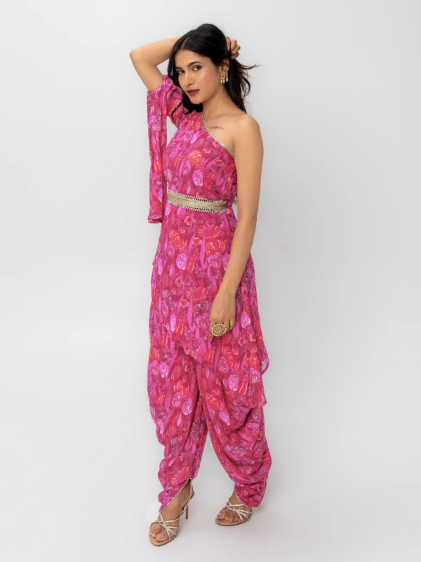 Pink Asymmetric Kurta With Dhoti Pants 3