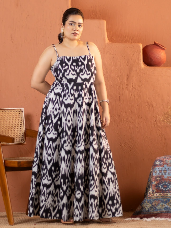 Black Ikat Cotton Fit and Flare Maxi Dress