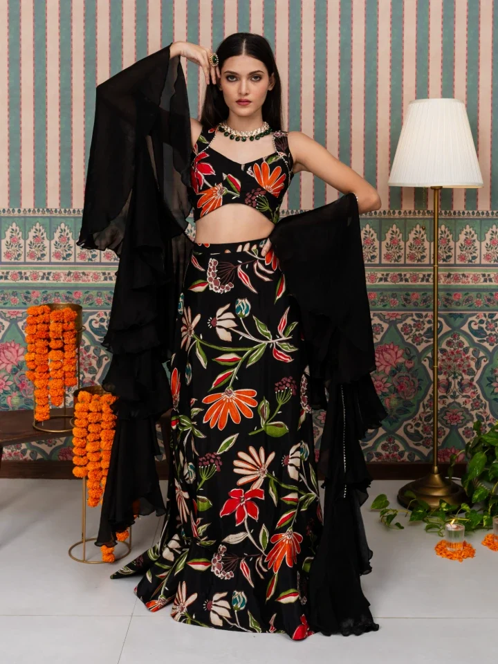Black Floral Print Lehenga With Dupatta