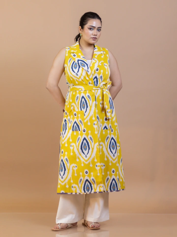 Yellow Ikat Cotton Long Shrug