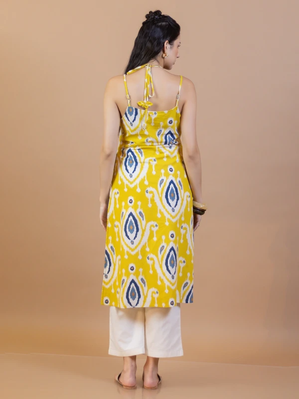 Yellow Ikat Cotton Halter Neck Straight Kurta 3