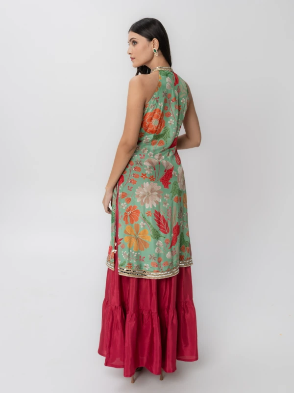 Green Floral Printed Kurta With Matching Skirt 1