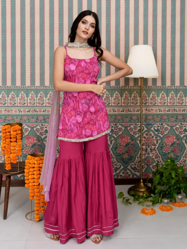 Pink Floral Print Sharara Set With Dupatta 2