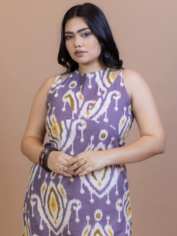 Purple Ikat Cotton Apron Neck Straight Kurta 6