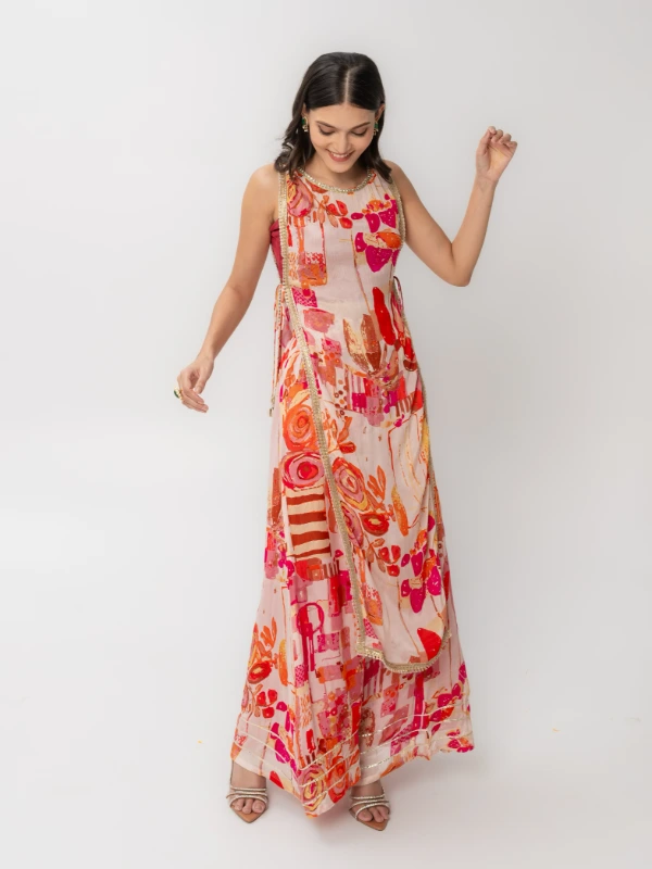 Pink 3-Piece Ethnic Co-ord Set with Kurti Crop Top and Flared Pants 6