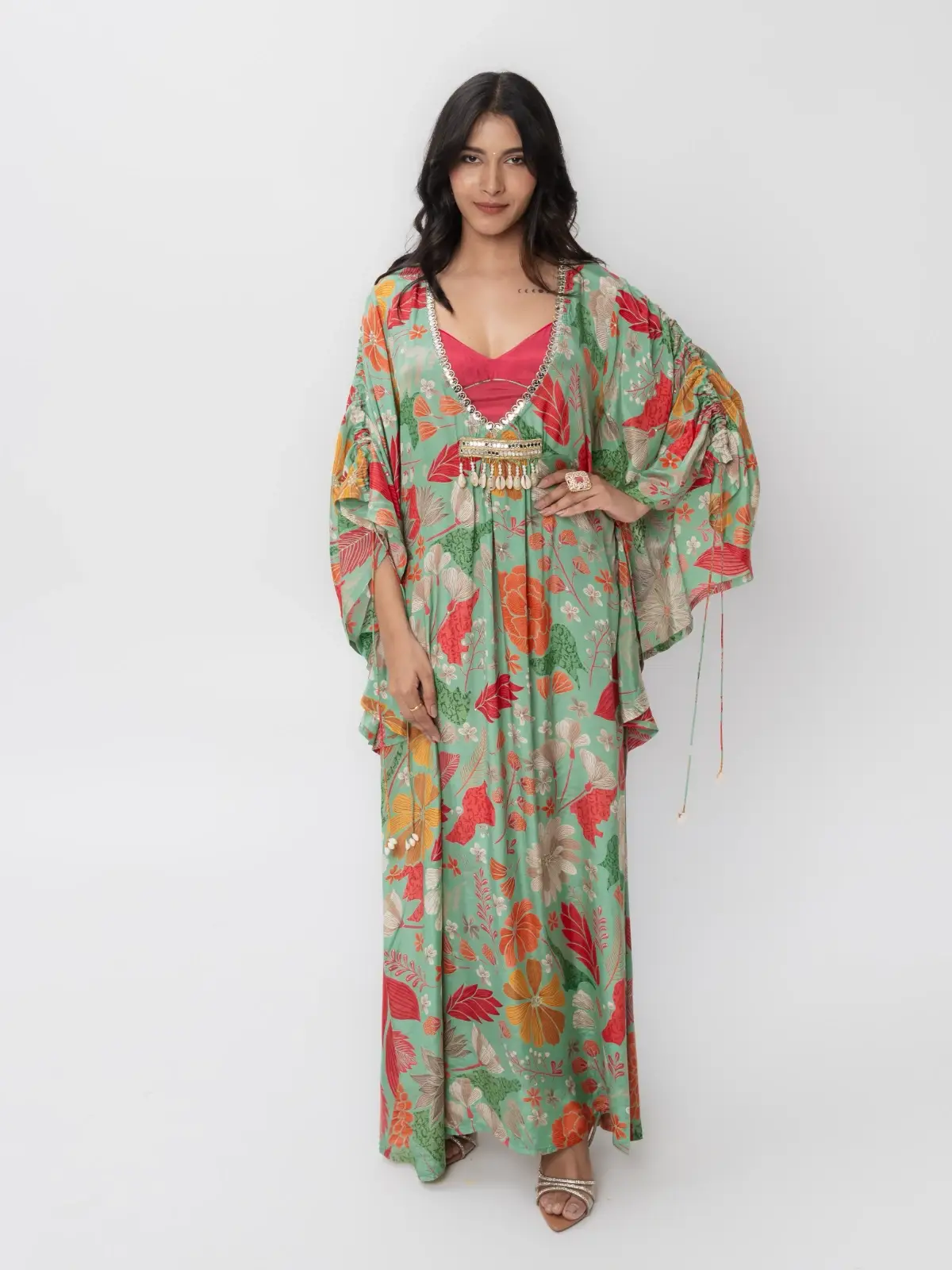 Green Floral Printed Kaftan Dress With Blouse 8