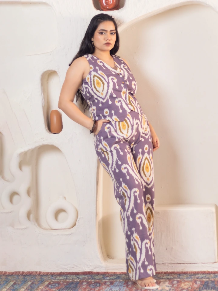 Purple Ikat Waistcoat Pant Cotton Co-Ord Set