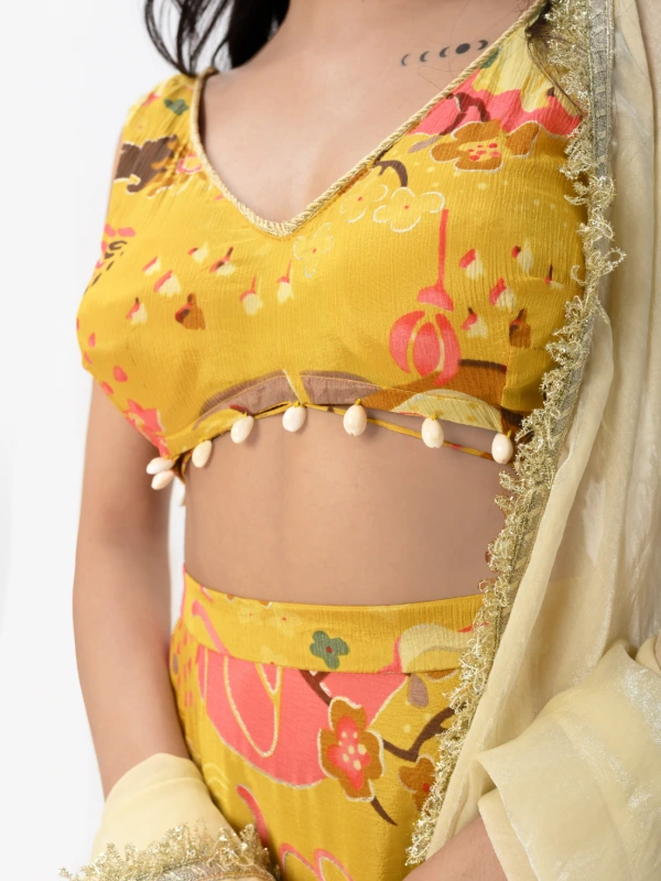 Yellow Floral Printed Lehenga With Dupatta For Festive Wear 7