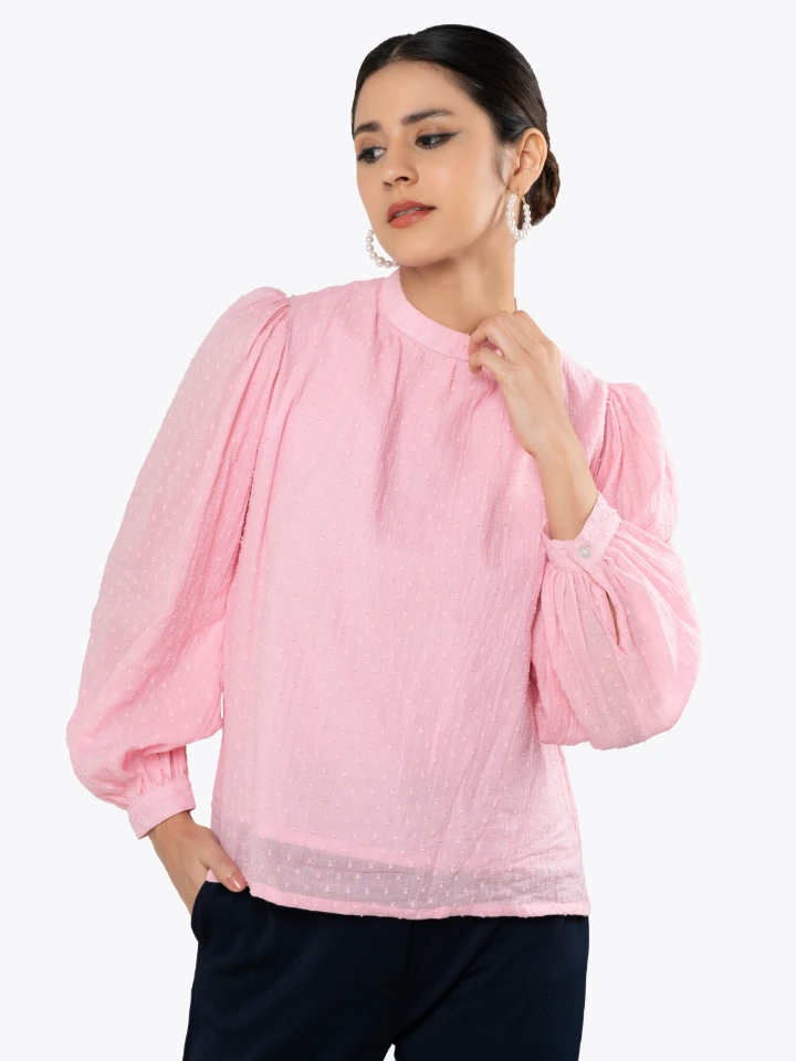 Pink Top With Mandarin Collar And Bishop Sleeves