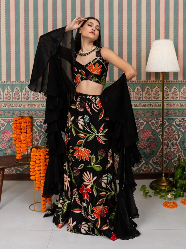 Black Floral Print Lehenga With Dupatta 5
