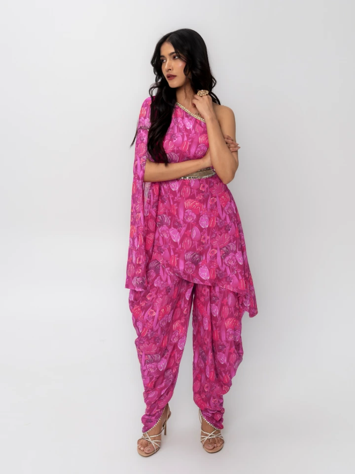 Pink Asymmetric Kurta With Dhoti Pants