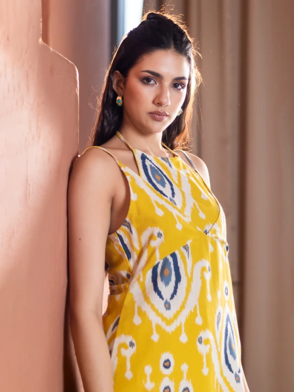 Yellow Ikat Cotton Halter Neck Straight Kurta 5