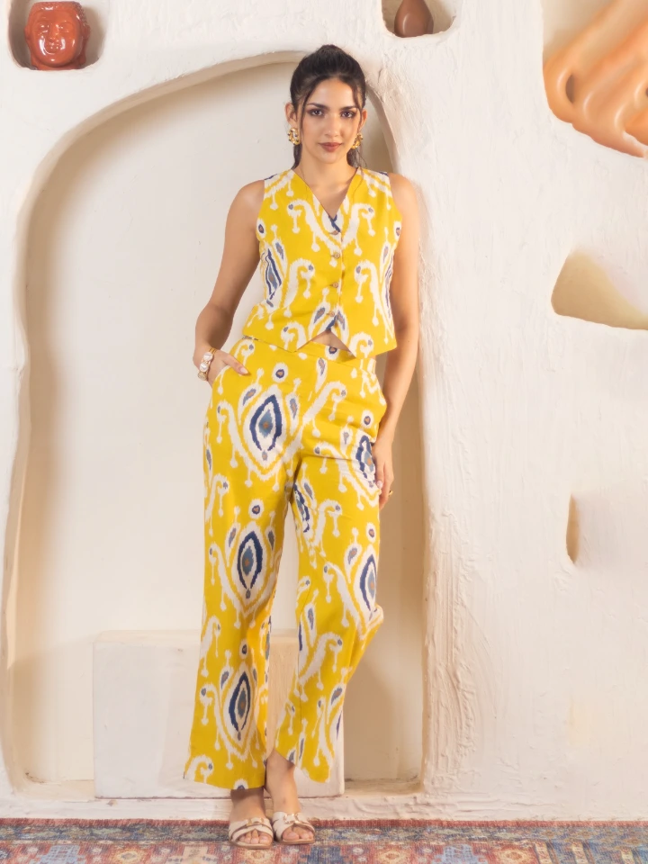 Yellow Ikat waistcoat pant cotton co-ord set