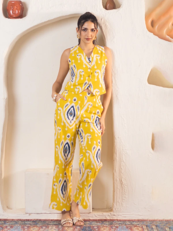 Yellow Ikat Waistcoat Pant Cotton Co-ord Set 2