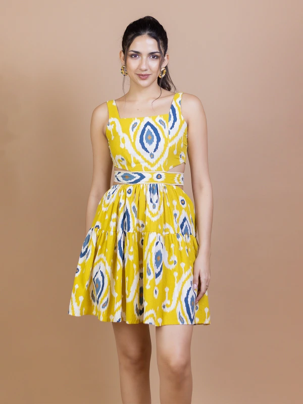 Yellow Ikat Cotton Waist-Cut Mini Dress 3