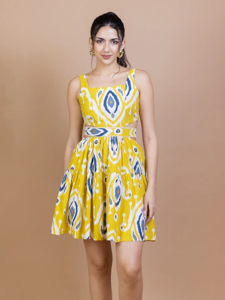 Yellow Ikat Cotton Waist-Cut Mini Dress