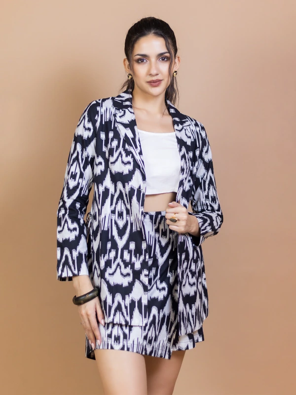 Black Ikat blazer & skort cotton co-ord set 3