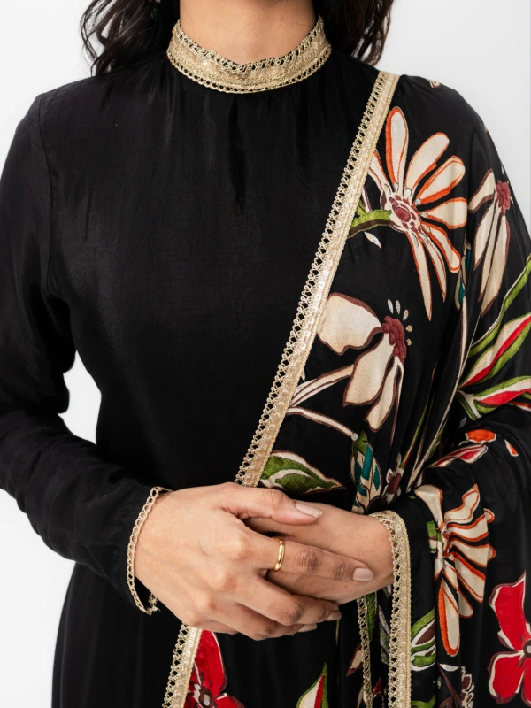 Black Long Anarkali Dress With Floral Printed Dupatta 6