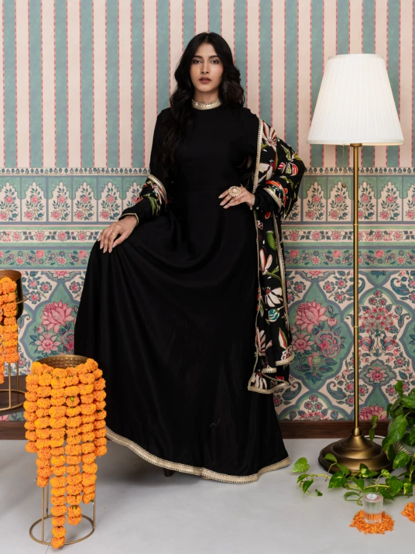 Black Long Anarkali Dress With Floral Printed Dupatta 4