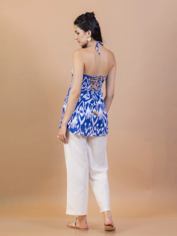 Blue Ikat Cotton Halter Neck Kurti 5