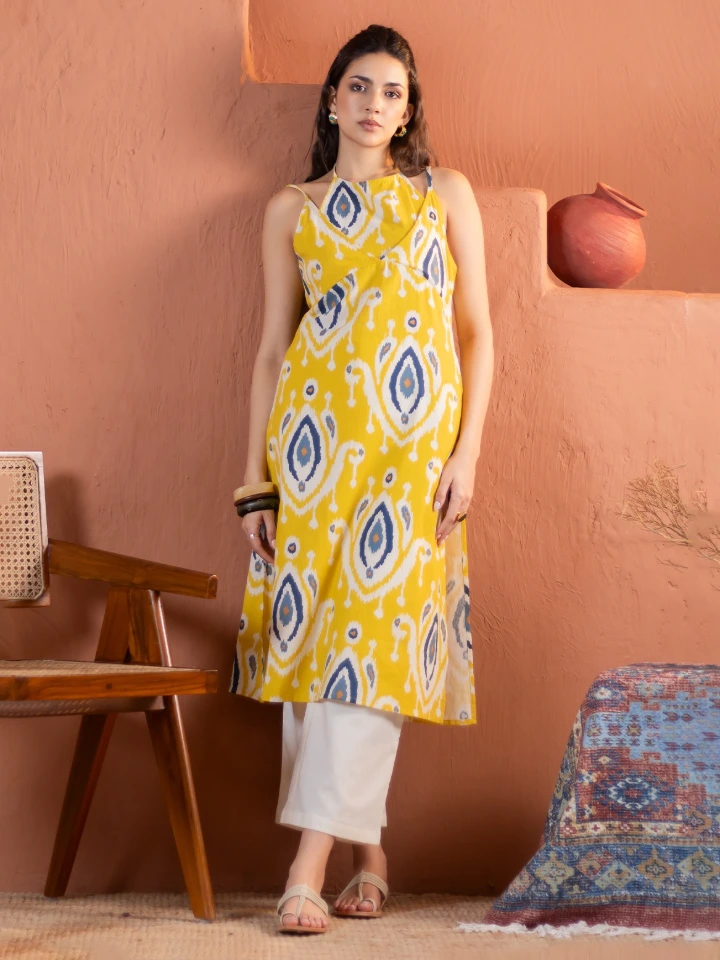 Yellow Ikat apron neck cotton straight kurta