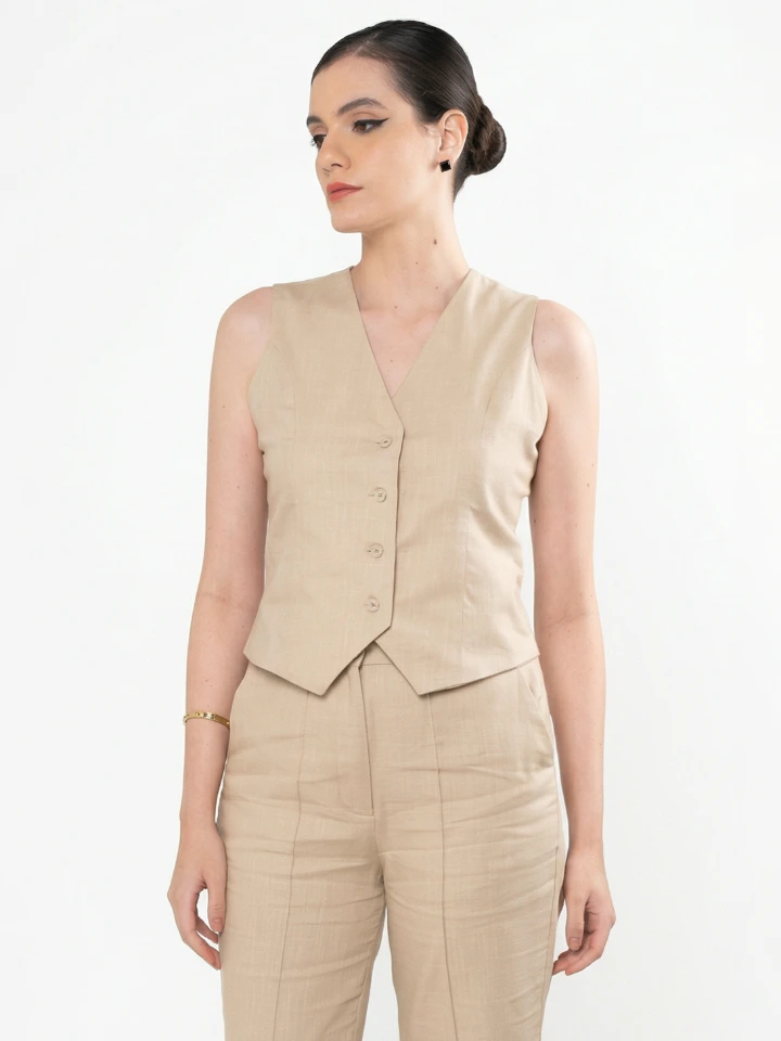 Beige Linen Blend Waistcoat For Formal Wear